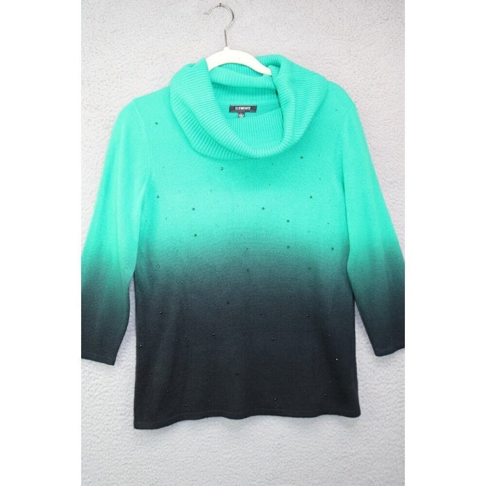 Elementz‎ Cowl Neck 3/4 Sleeve Sequins Green Fade Sweater-Large-Boho-Festive